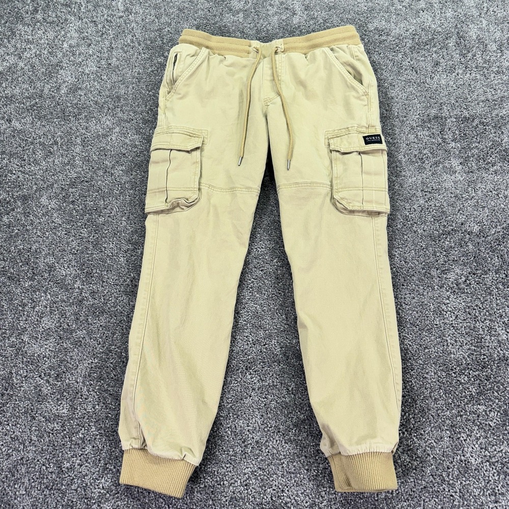 Guess Jogger Pants Mens Small Tan Cargo Pockets Elastic Waist Cuffed Casual